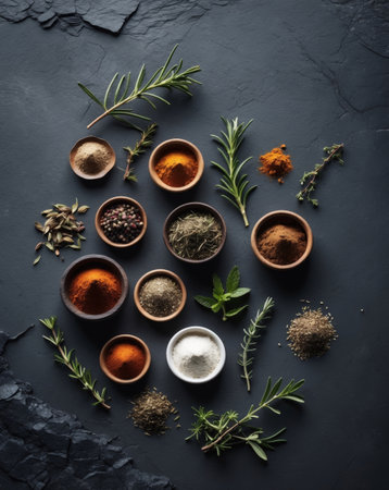 AI Generated. Assorted spices and herbs on a dark textured backgroundの素材