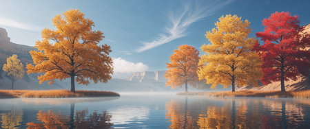 AI Generated. Autumn Canyon Lake Landscape With Golden Treesの素材