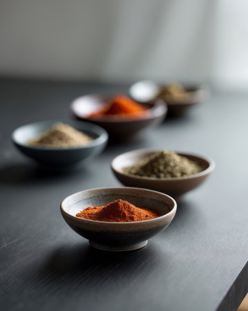 AI Generated. Assorted spices in small bowls arranged on a dark surfaceの素材