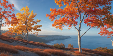 AI Generated. Autumnal Landscape with Colorful Trees and Ocean Viewの素材