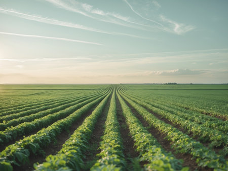 AI Generated. Beautiful landscape vast green field rows crops sky Agriculturalの素材