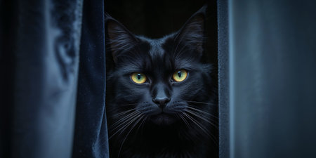 AI Generated. Black cat with piercing yellow eyes peeking from behind a dark surface in a mysterious and dramatic settingの素材