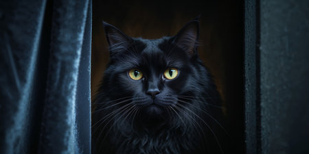 AI Generated. Black cat with piercing yellow eyes peeking from behind a dark surface in a mysterious and dramatic settingの素材