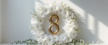 AI Generated. Beautiful white floral wreath with number eight centerpieceの素材