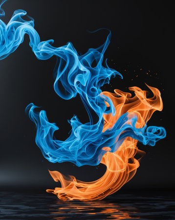 AI Generated. Blue And Orange Dance Of Fire Abstract Wavy Flames On Black Background With Copy Spaceの素材