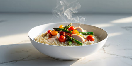 AI Generated. Bowl of risotto with chicken and vegetablesの素材