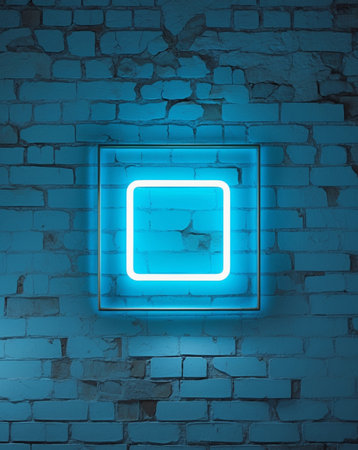 AI Generated. Bright blue neon square frame glowing on brick wall backgroundの素材