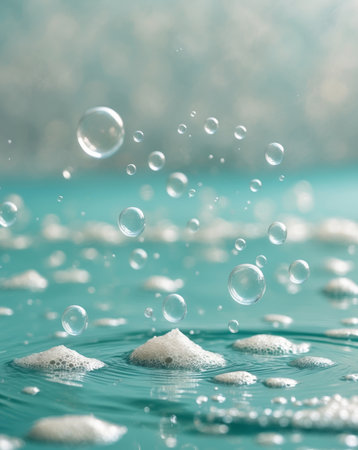 AI Generated. Bubbles on Turquoise Water Surface with Foam and Reflections - Abstract Texture for Backgroundの素材