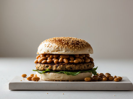 AI Generated. Burger sesame seed bun top made toasted topped Vegan with beansの素材