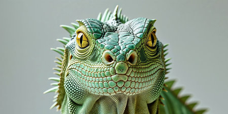 AI Generated. close up of an iguanas face scaly skin sharp eyes and a seriousの素材