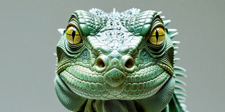 AI Generated. close up of an iguanas face scaly skin sharp eyes and a seriousの素材