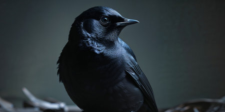 AI Generated. Closeup of blackbird sitting in dark shadows with intense gazeの素材