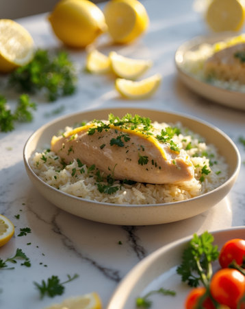 AI Generated. Close up view of lemon herb chicken rice dish on marble surface with fresh ingredients in warm lightの素材