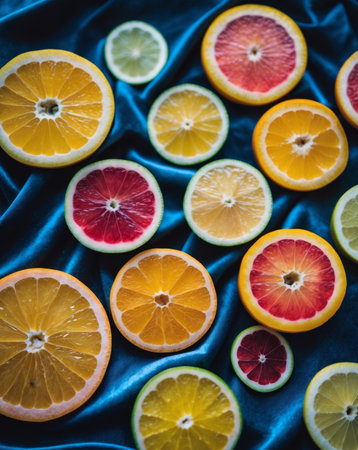 AI Generated. Colorful citrus slices arranged on a dark backgroundの素材