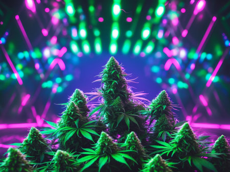 AI Generated. Colorful background of Cannabis buds in a dark place with led and neon lightsの素材