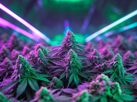 AI Generated. Colorful background of Cannabis buds in a dark place with led and neon lightsの素材