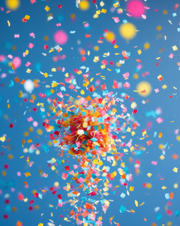 AI Generated. Colorful Confetti Falling Blue Background Celebration Party Successの素材