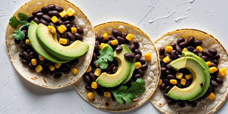 AI Generated. Closeup of Three Delicious Black Bean Tacos with Corn and Avocadoの素材