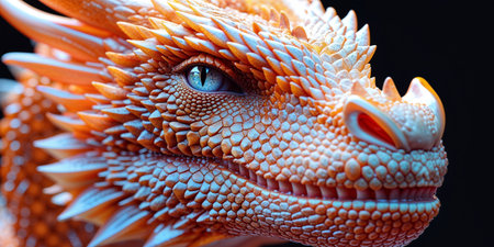 AI Generated. Closeup of Orange Scaled Dragon on Black Backgroundの素材