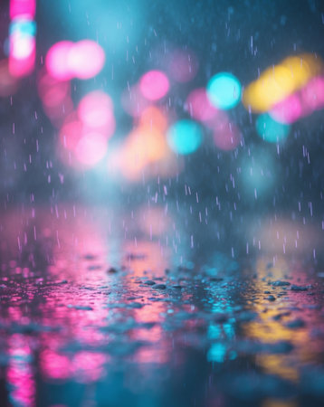 AI Generated. Colorful Blurred Lights Reflecting On A Wet Surfaceの素材