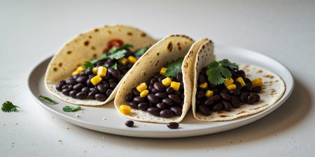 AI Generated. Closeup of Three Delicious Tacos with Black Beans and Cornの素材