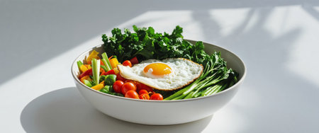 AI Generated. Colorful Bowl of Fresh Vegetables and Fried Egg for a Healthy Mealの素材