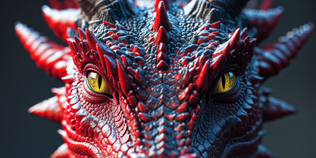 AI Generated. A close up picture shows part of a red dragon faceの素材