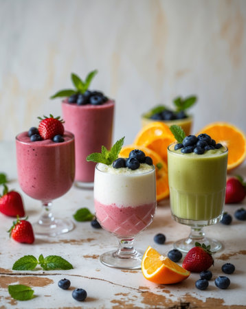 AI Generated. Colorful fruit smoothies on a rustic wooden tableの素材