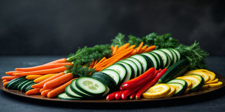 AI Generated. Colorful Sliced Vegetable Platter on Dark Backgroundの素材