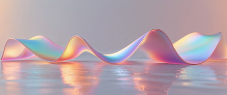 AI Generated. Colorful Iridescent Wavy Shape on Reflective Surface in Natural Lightの素材
