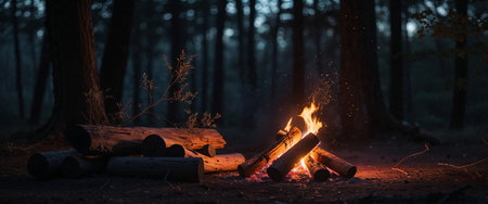 AI Generated. Cozy evening by the campfire in the woodsの素材