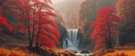 AI Generated. Autumnal Valley Waterfall Landscape with Red Treesの素材