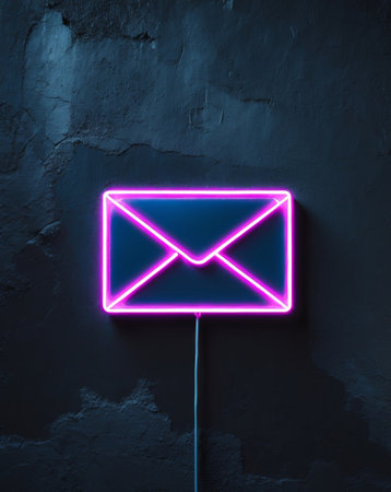 AI Generated. Neon Envelope Sign on a Dark Industrial Wall Backgroundの素材