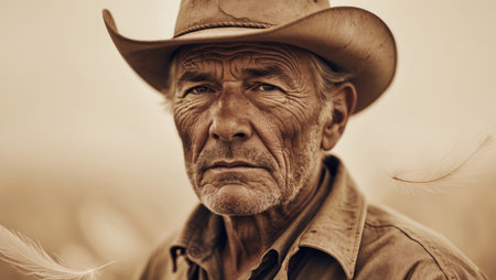 AI Generated. Old cowboy with weathered face in sepia tonesの素材