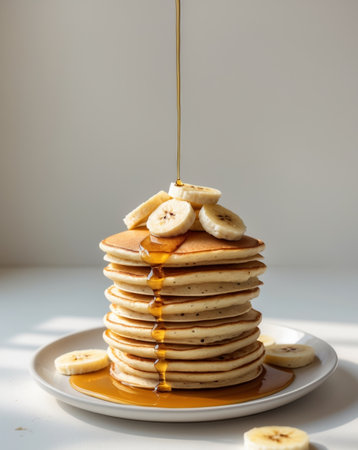 AI Generated. Pancake Stack with Banana Slices and Syrup Drizzle - Breakfast Delightの素材