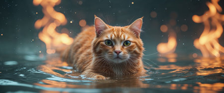 AI Generated. Orange Tabby Cat Swimming Underwater with Glowing Embers and Flamesの素材