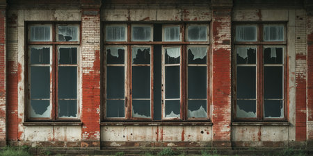 AI Generated. Old Abandoned Brick Building Facade with Symmetrical Windows and Distressed Textureの素材