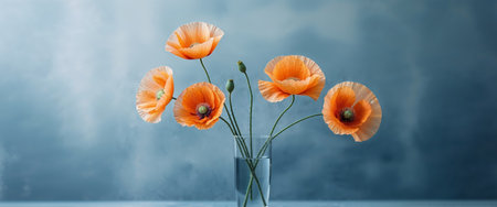 AI Generated. Orange poppies in glass vase with blue textured backdropの素材