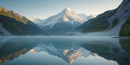 AI Generated. Pristine alpine lake reflects majestic peaks on sunny dayの素材