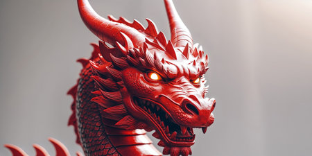 AI Generated. Red dragon head sculpture with fierce expressionの素材
