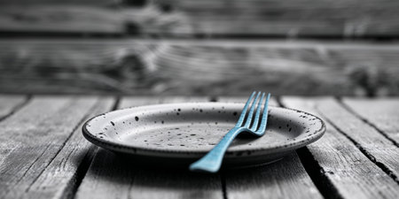 AI Generated. Rustic Wooden Table Setting Empty Plate Design old top food fork blueの素材