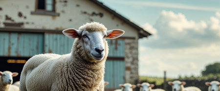AI Generated. Sheep is standing in front of a barn with other sheep in the backgroundの素材