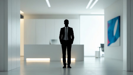 AI Generated. Silhouetted Figure in Modern Office Settingの素材