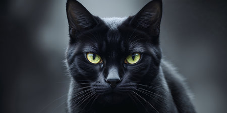 AI Generated. Severe Black Cat Looking To You With Bright Yellow Eyesの素材