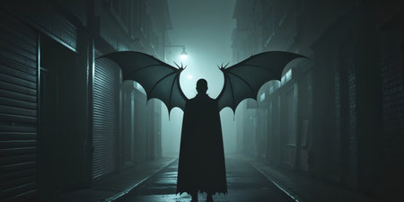 AI Generated. Silhouette of mysterious figure with bat wings in foggy alley at nightの素材