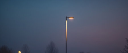 AI Generated. Street lamps illuminating a dark evening with warm lightの素材