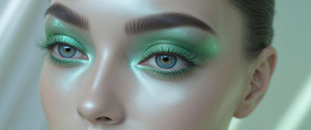 AI Generated. Stunning eye makeup with shimmering green tones and defined browsの素材