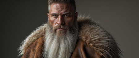 AI Generated. Strong hunter with long beard wearing bear skin posing in studioの素材