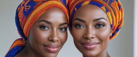 AI Generated. Stunning Mother and Daughter in Colorful Beaded Headscarvesの素材