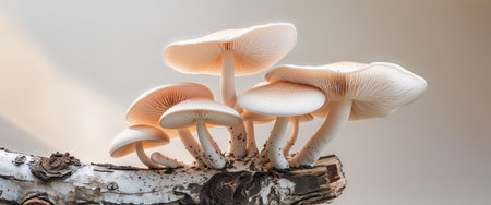 AI Generated. Stunning Pale Oyster Mushrooms Growing on Tree Trunkの素材